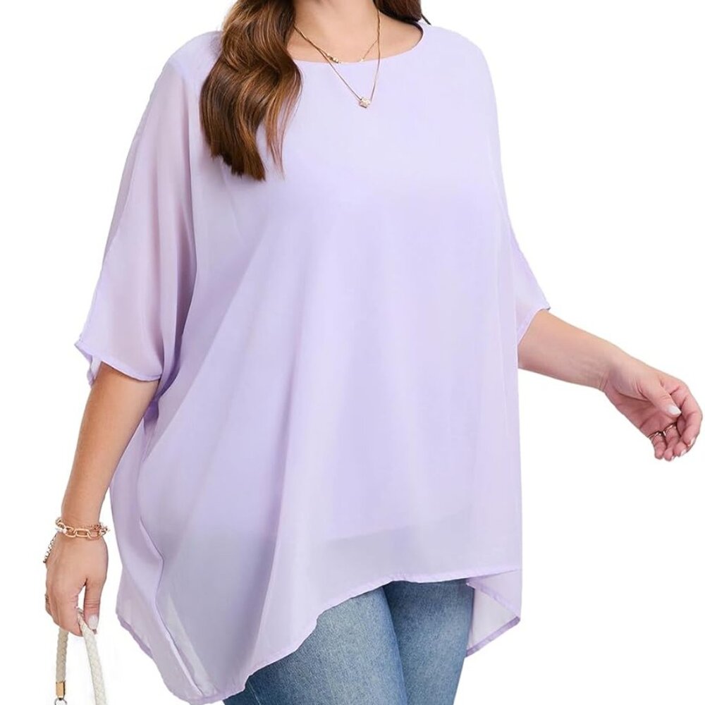 Womens 3/4 Batwing Sleeve Plus Size Elegant Summer Cape Blouse Scoop Neck Oversi